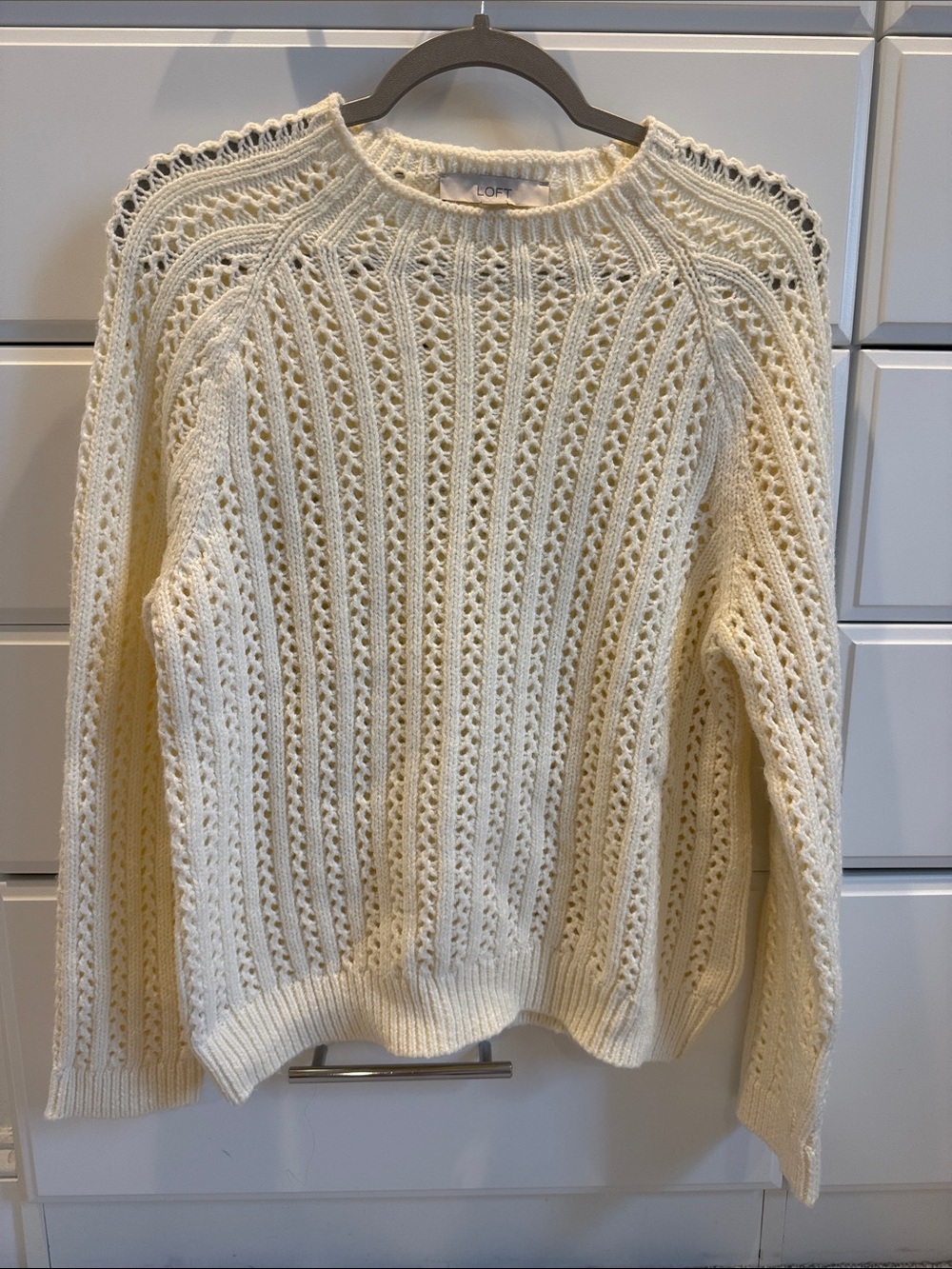 LOFT Cream Openwork Crewneck Sweater